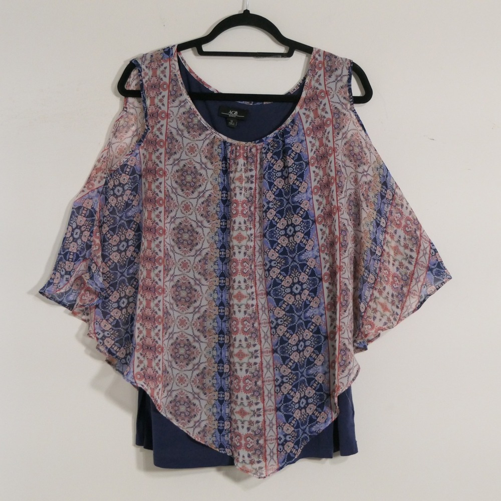 AGB Woman Top 1X Navy Paisley Cold Shoulder Boho Chiffon Overlay Peasant Layered